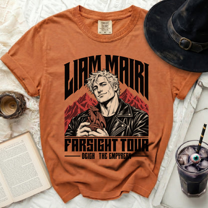 Orange Comfort Colors t-shirt with "LIAM MAIRI FARSIGHT TOUR DEIGH THE EMPYREAN" text.