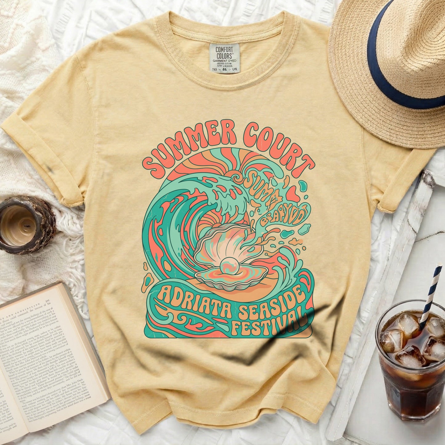 Yellow t-shirt with "Summer Court Adriata Seaside Festival" graphic.