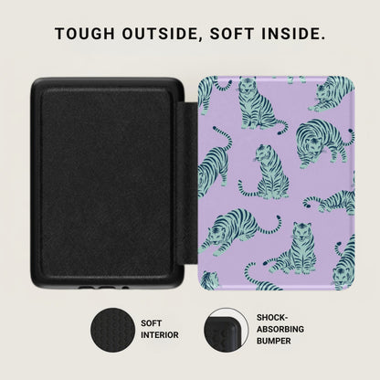 Black case next to lavender case with teal tigers, text reads "TOUGH OUTSIDE, SOFT INSIDE."
