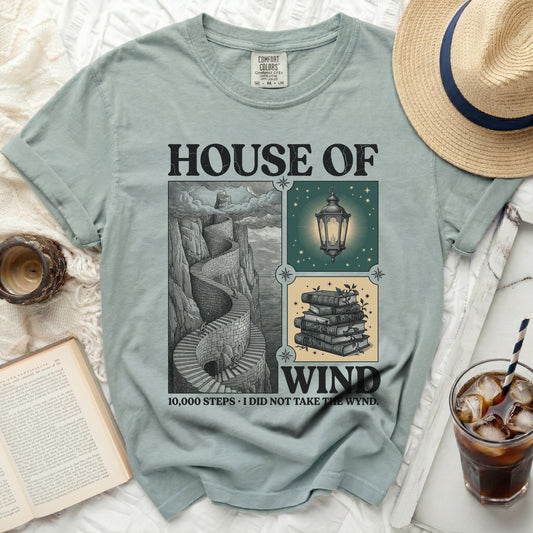 Light blue t-shirt with "HOUSE OF WIND" and "10,000 STEPS. I DID NOT TAKE THE WYND."