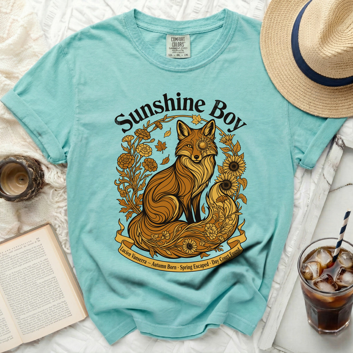 Aqua t-shirt with graphic of a fox, flowers, and "Sunshine Boy" text.