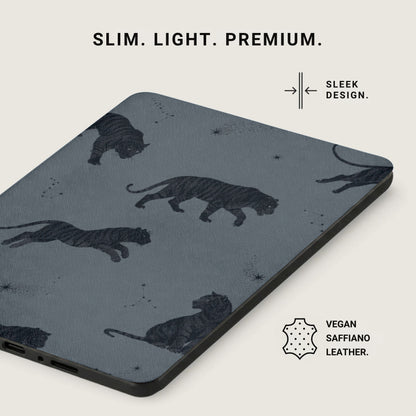 Tablet case with dark grey tiger print, "Sleek Design", and "Vegan Saffiano Leather".
