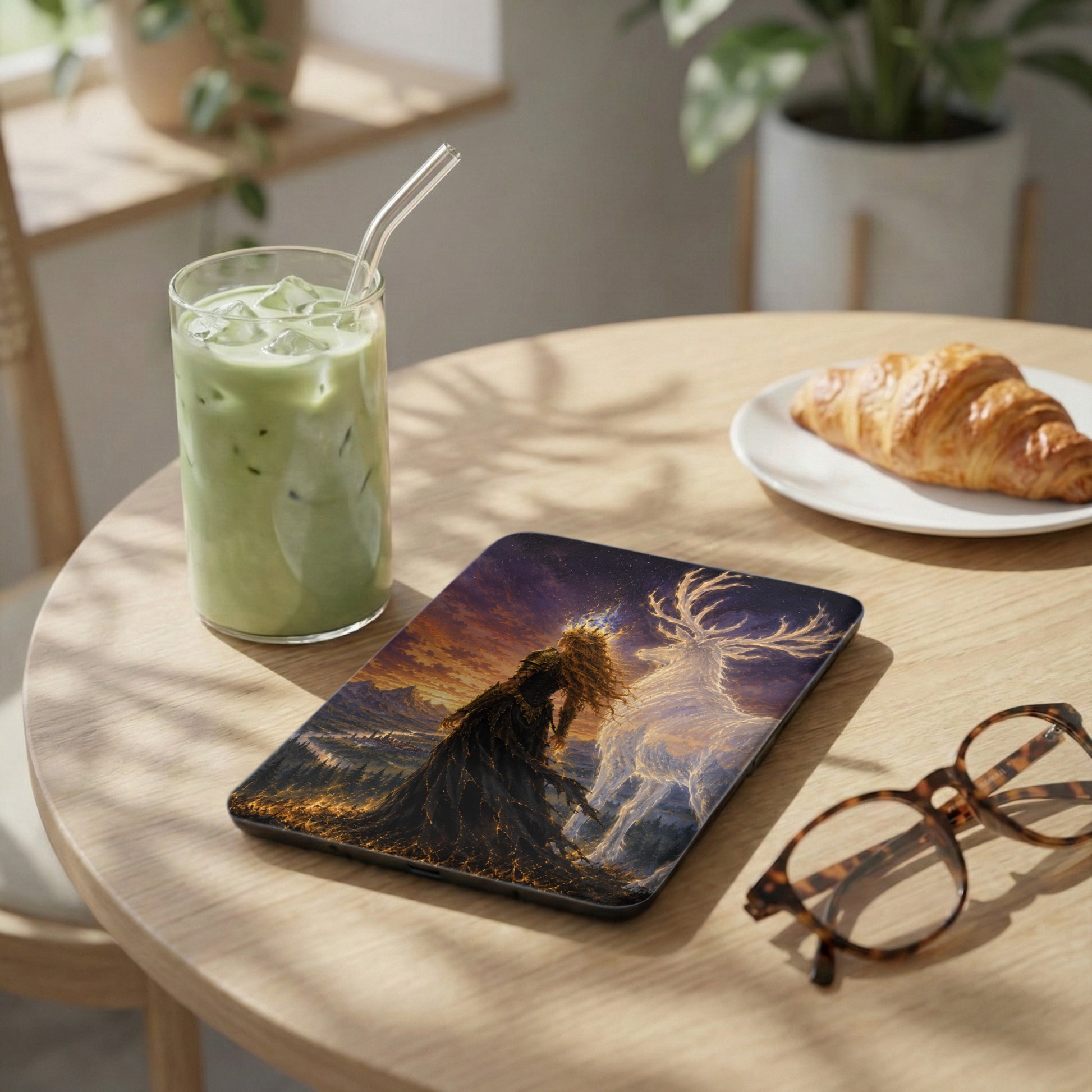Tablet case with fantasy art of a crowned figure and glowing deer against a starry sky.
