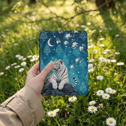 White tiger on rock with moon and floral pattern on blue background.
