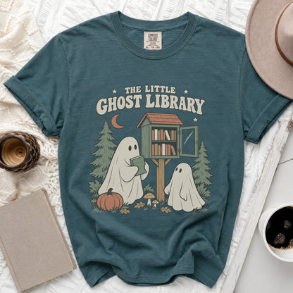 Teal t-shirt with "The Little Ghost Library" graphic featuring ghosts, books, and autumn elements.