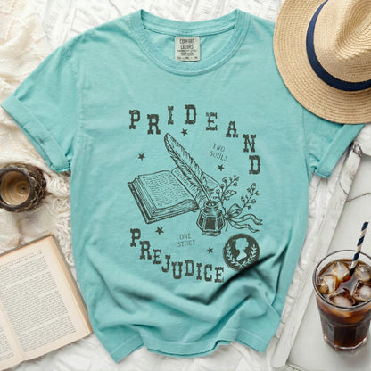 Teal t-shirt with "Pride and Prejudice" literary book graphic.