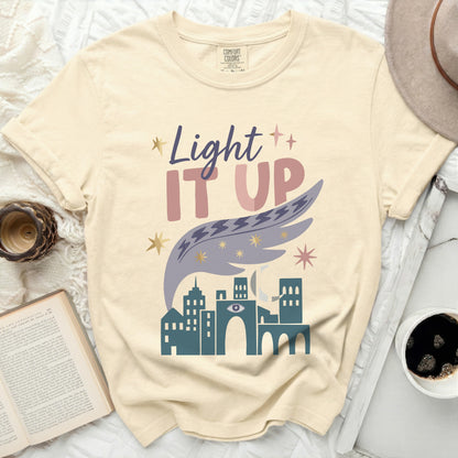 Comfort Colors t-shirt with "Light IT UP" text and city graphic.