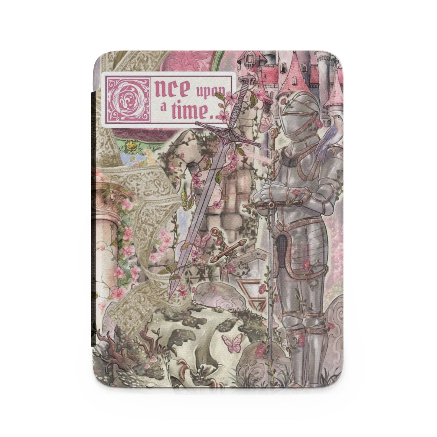 Knight in armor, sword, castle, and text "nce upon a time" within a floral scene.