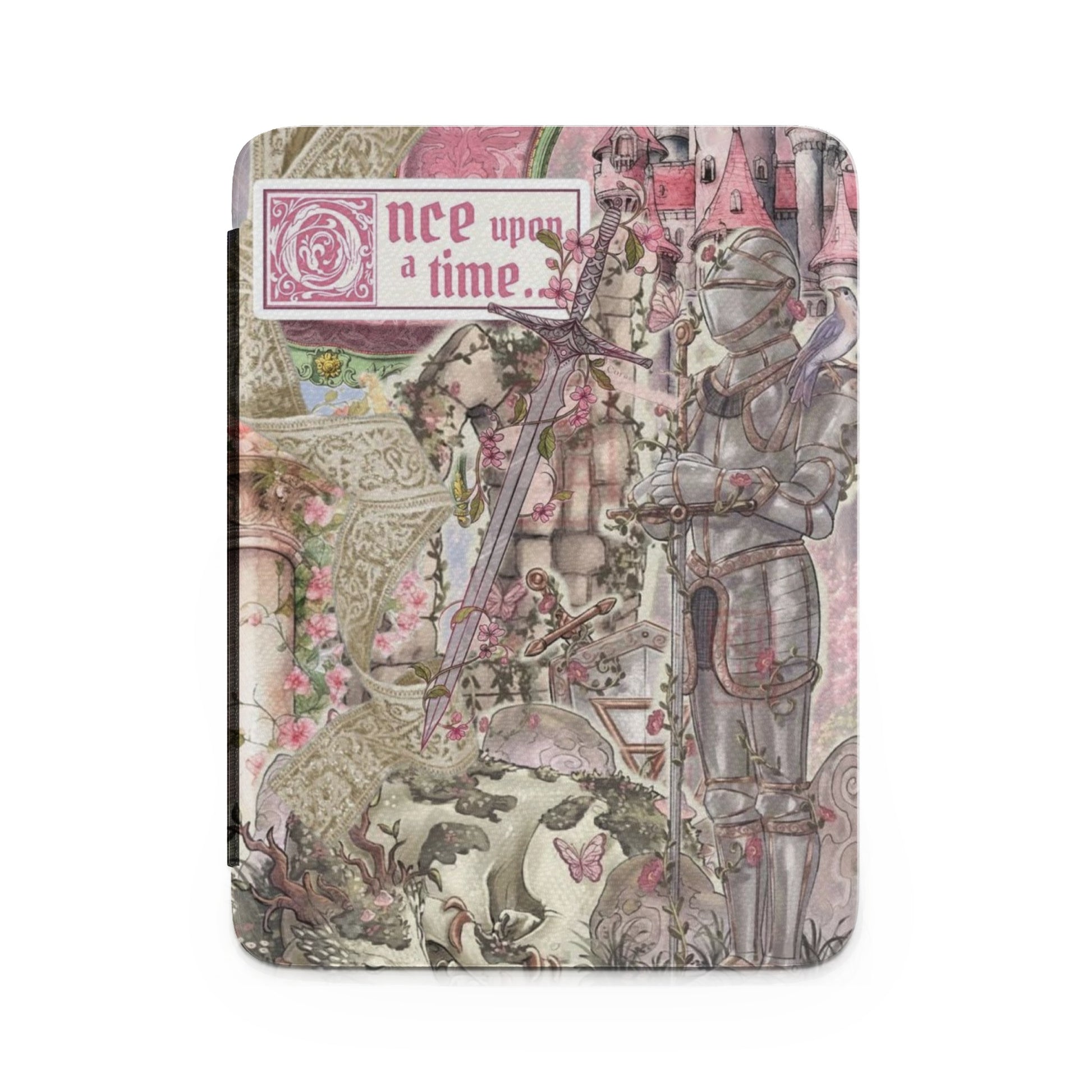 Knight in armor, sword, castle, and text "nce upon a time" within a floral scene.