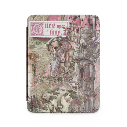 Knight in armor, sword, castle, and text "nce upon a time" within a floral scene.