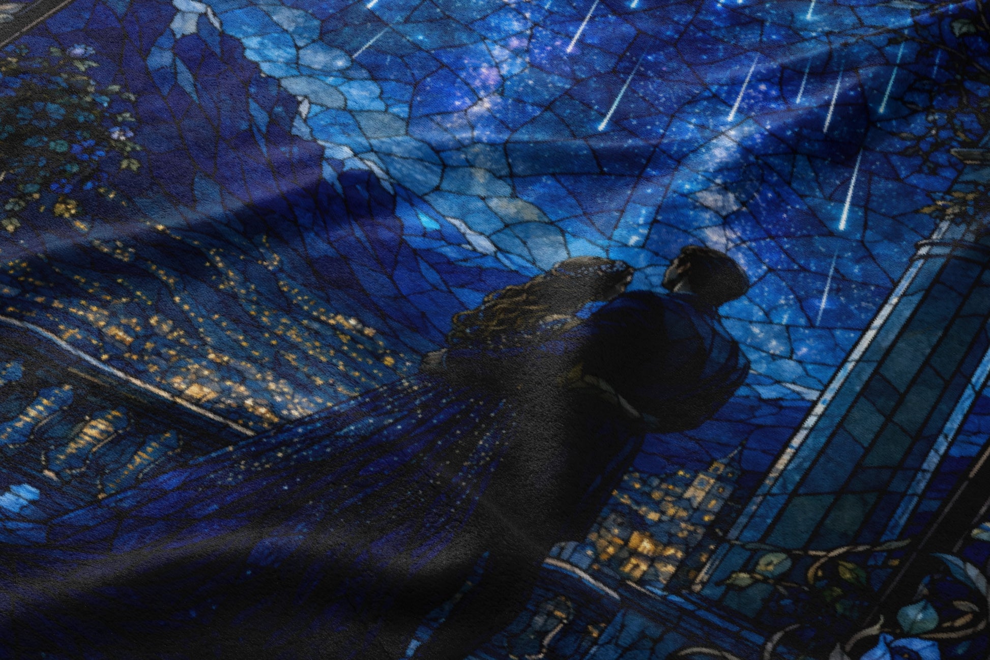 Couple embracing under a starry night sky with falling stars, in stained glass style.