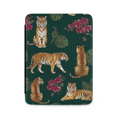 Case with tigers, orchids, and leaves pattern on dark green background.