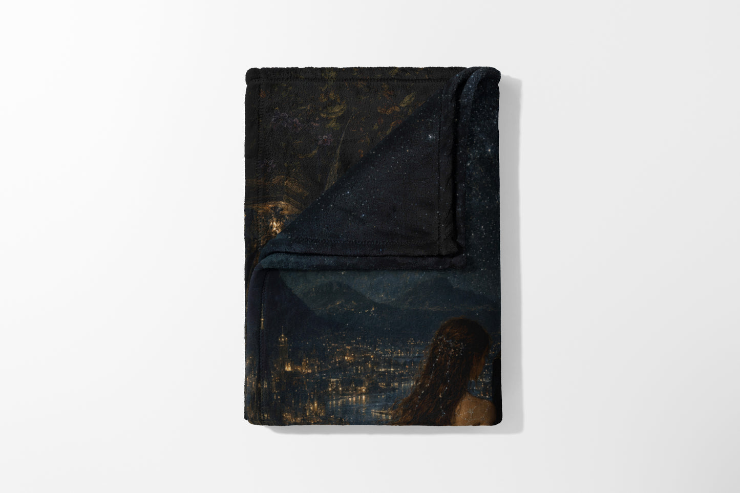 Dark blanket with starry night, city lights, and a woman's back.