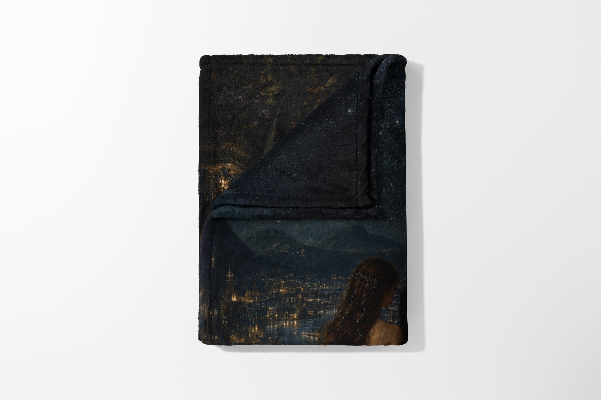 Dark blanket with starry night, city lights, and a woman's back.
