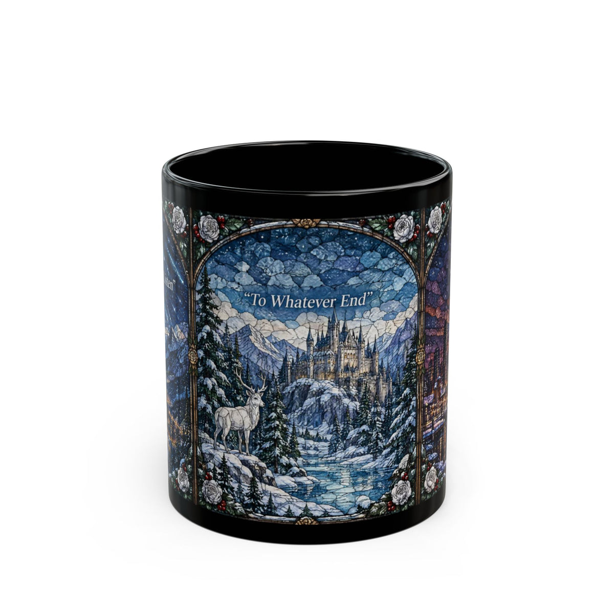 A black ceramic mug featuring a stained glass design of a winter landscape, castle, and stag with the text To Whatever End.