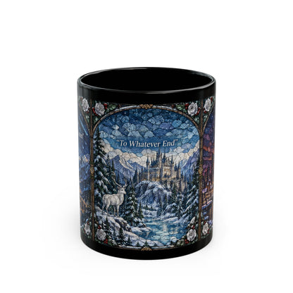 A black ceramic mug featuring a stained glass design of a winter landscape, castle, and stag with the text To Whatever End.