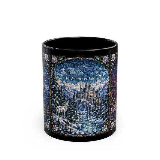 A black ceramic mug featuring a stained glass design of a winter landscape, castle, and stag with the text To Whatever End.