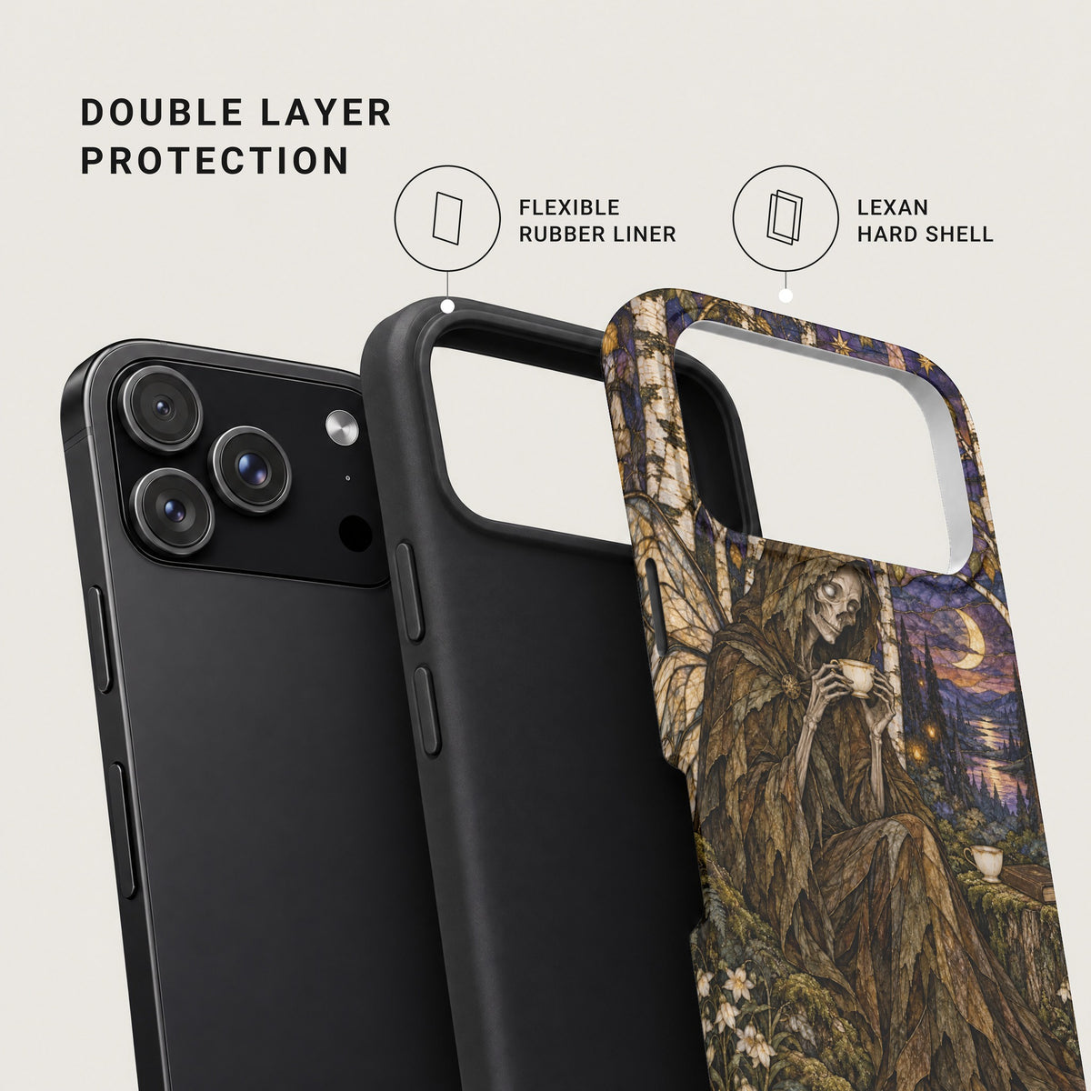 A black smartphone case featuring a flexible rubber liner and a decorative Lexan hard shell.