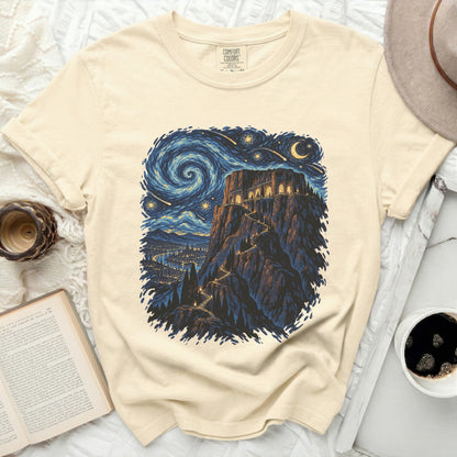 Cream t-shirt with a night sky and castle illustration, inspired by Starry Night.