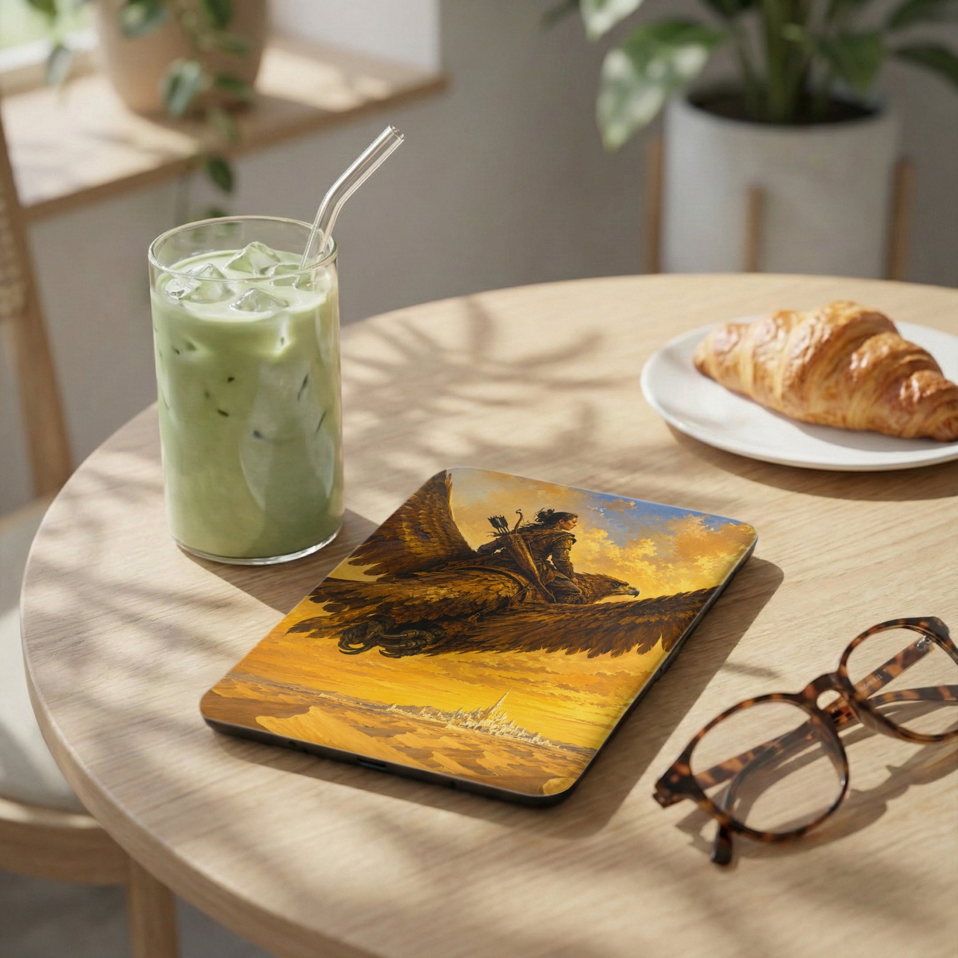 Tablet case with warrior riding a giant eagle over a desert city landscape