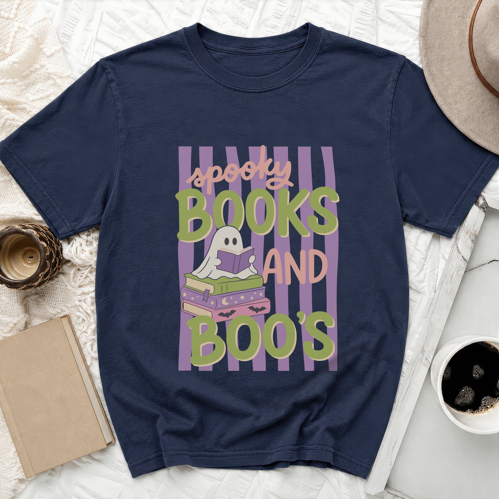 Dark blue t-shirt with "spooky BOOKS AND BOO'S" and a ghost reading a book.