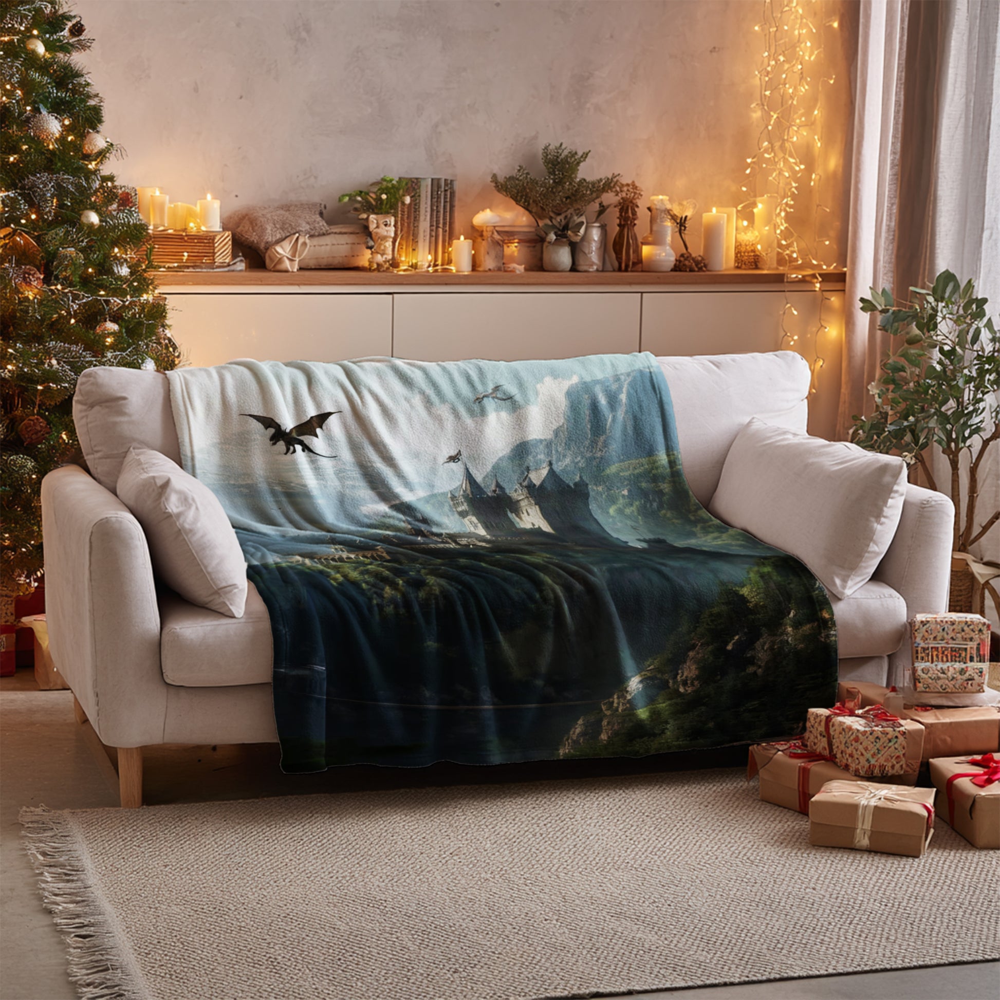 Majestic Dragon Soaring Over Mountains Blanket