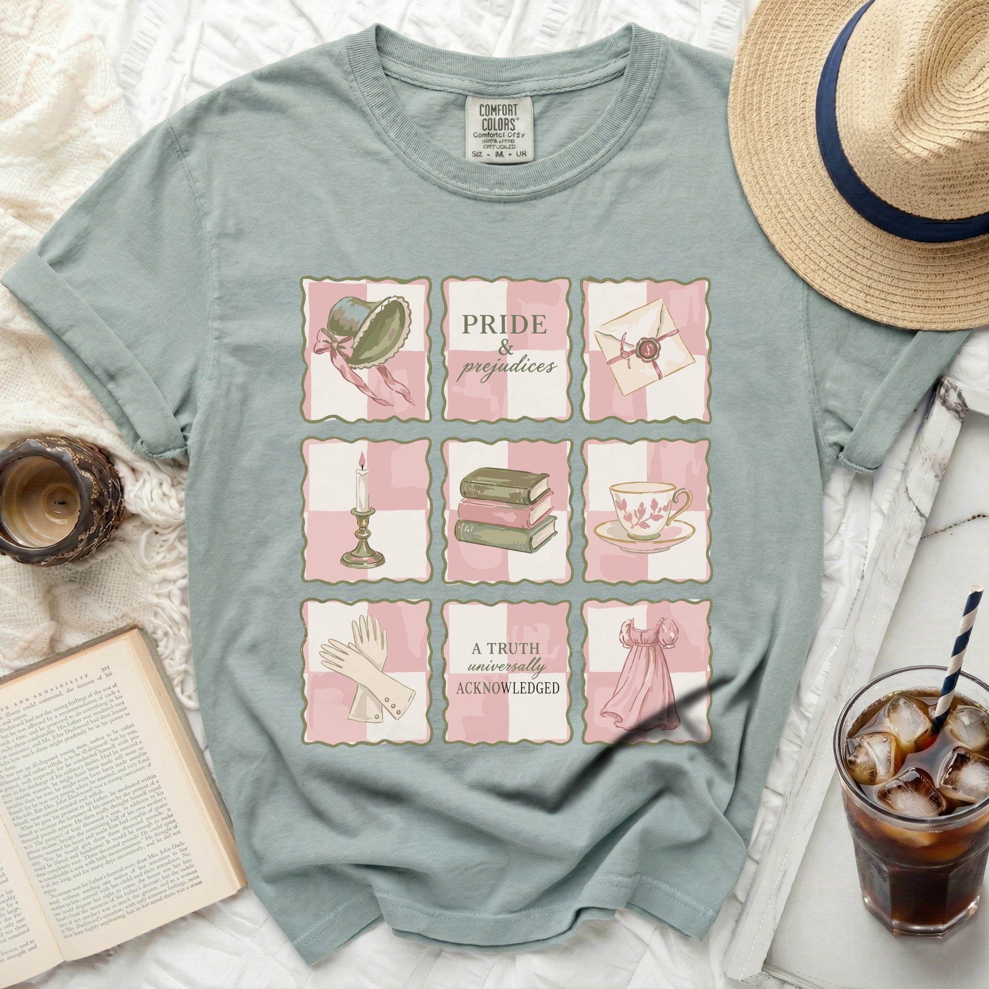 Comfort Colors Pride and Prejudices graphic t-shirt with vintage illustrations.