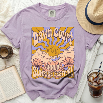 Lavender t-shirt with "Dawn Court Annual Sunrise Festival" graphic.