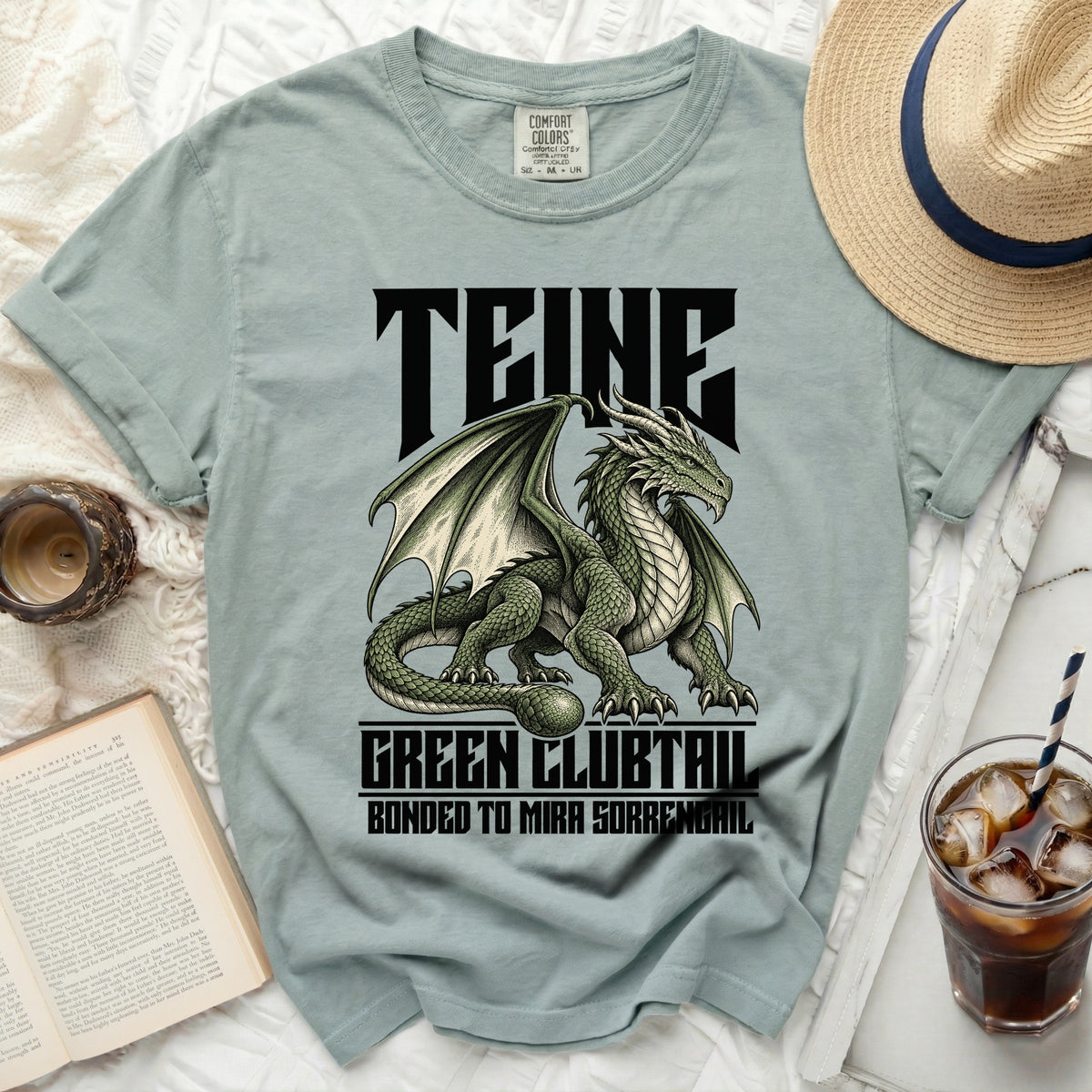 Teine shirt with green dragon graphic and text "Green Clubtail" and "Bonded to Mira Sorrengail".