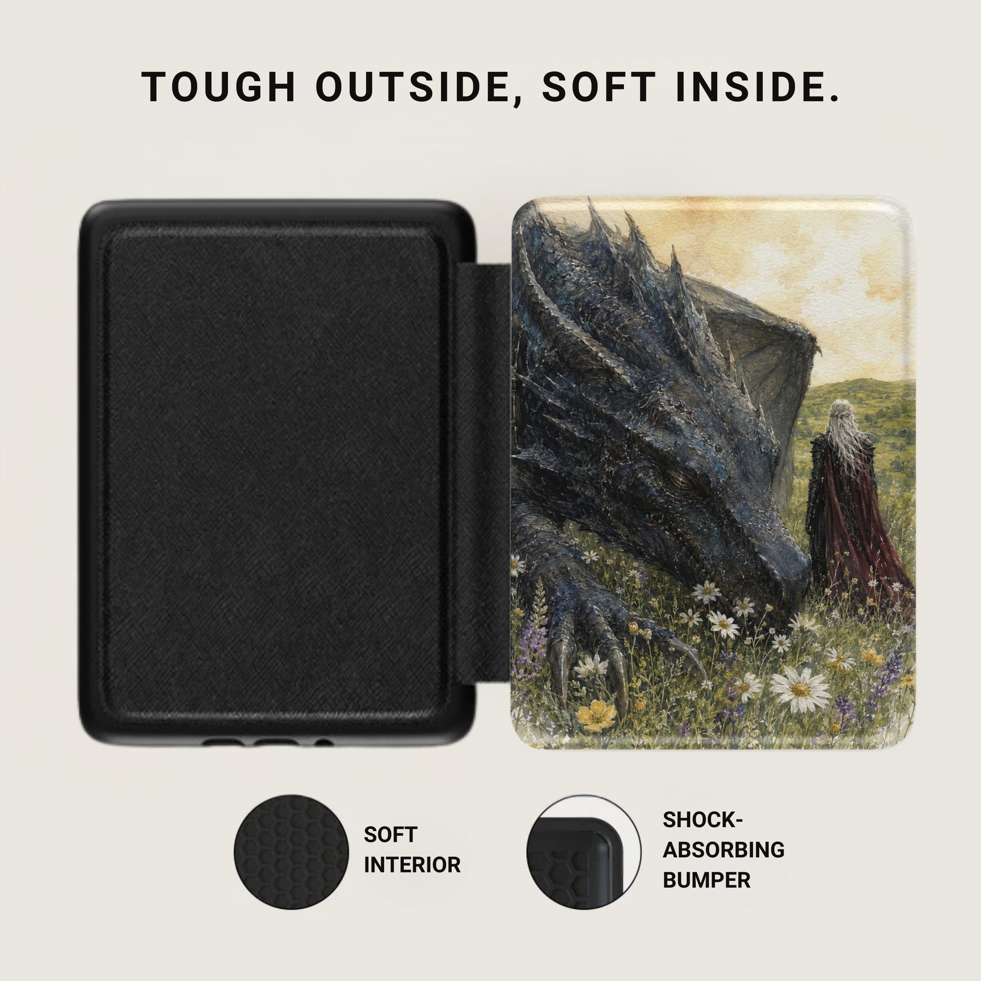 Black case with dragon art and text "TOUGH OUTSIDE, SOFT INSIDE."