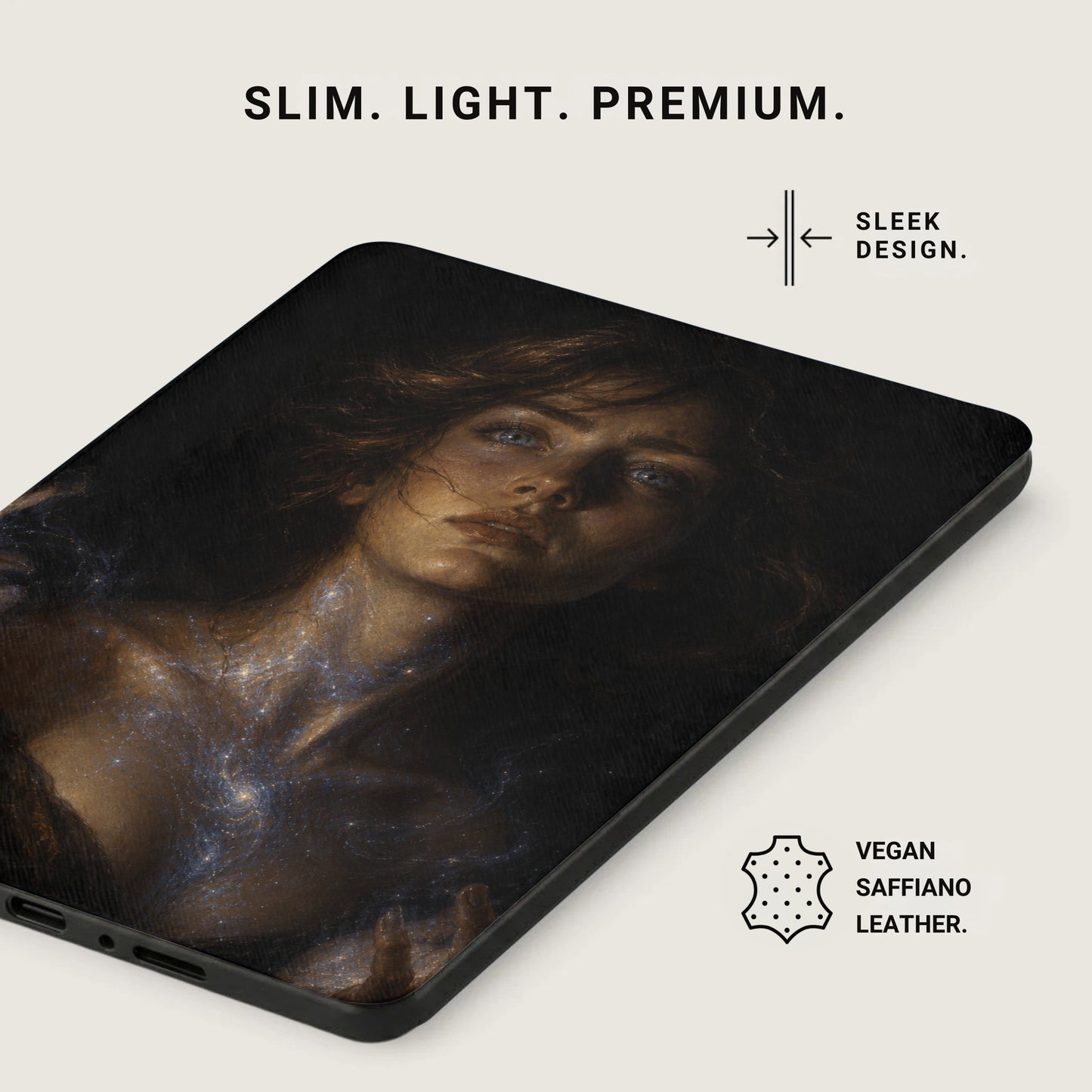 Slim, light, premium vegan saffiano leather case featuring a cosmic woman portrait.