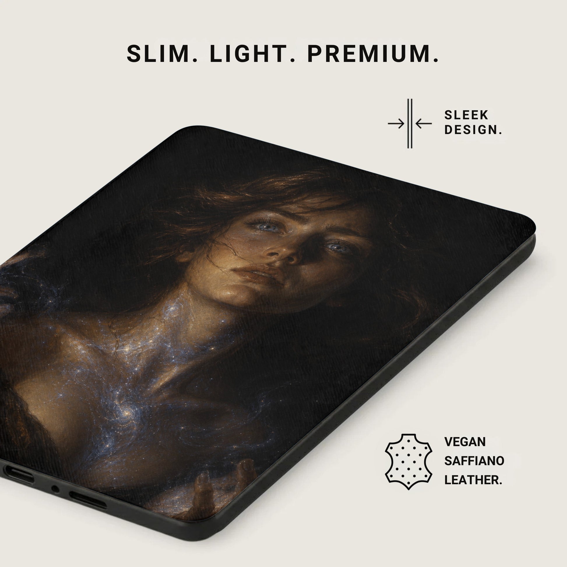 Slim, light, premium vegan saffiano leather case featuring a cosmic woman portrait.
