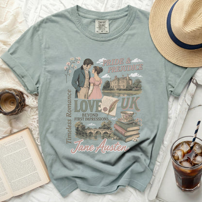 Light blue t-shirt with "Pride & Prejudice," "Love UK," and Jane Austen graphics.
