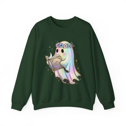 Reading Ghost with Floral Crown Fantasy Art Sweatshirt - MagicMerchEmporium