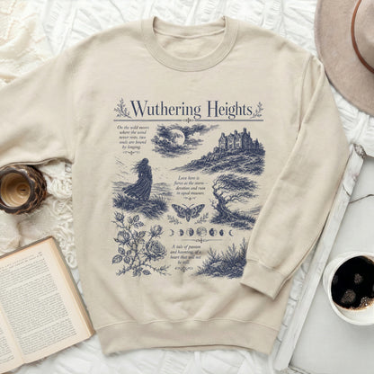 Light beige sweatshirt with navy blue "Wuthering Heights" graphic.
