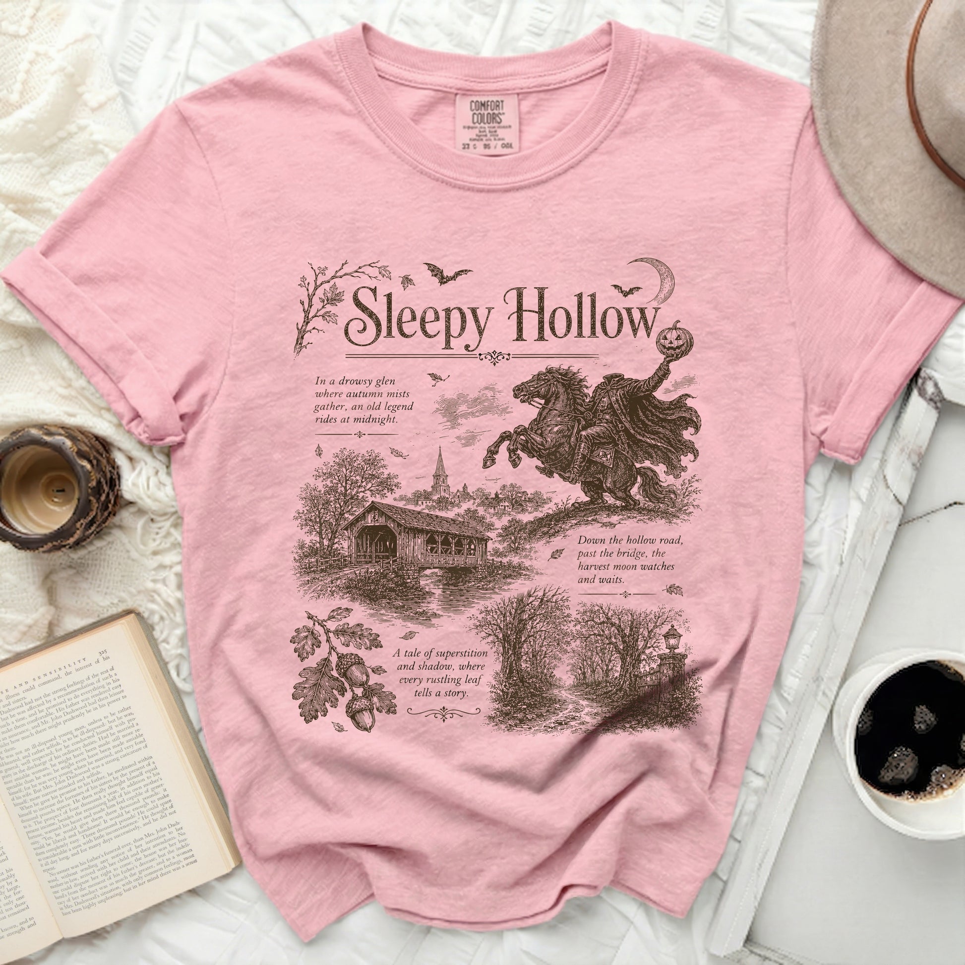 Pink t-shirt with "Sleepy Hollow" design featuring The Headless Horseman.