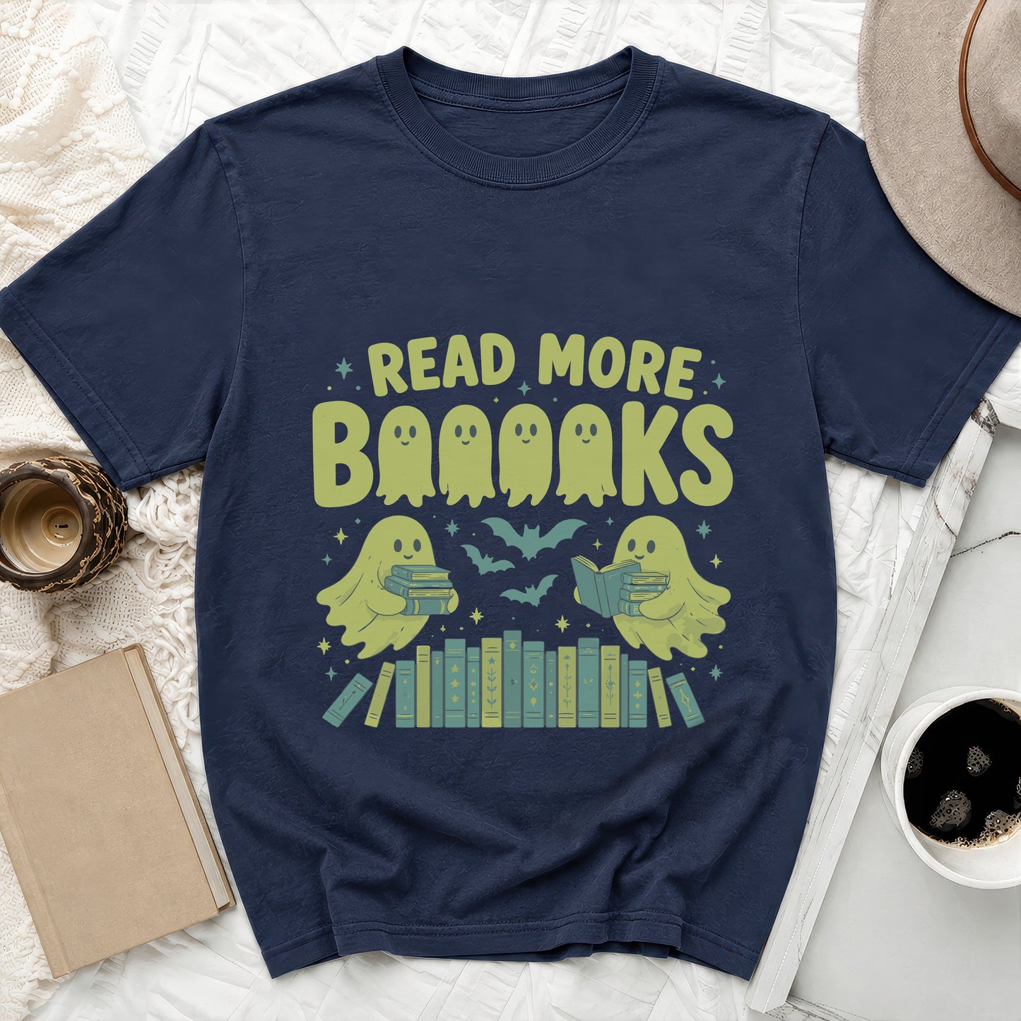 Navy t-shirt with "Read More Booooks" featuring ghosts, bats, and books.