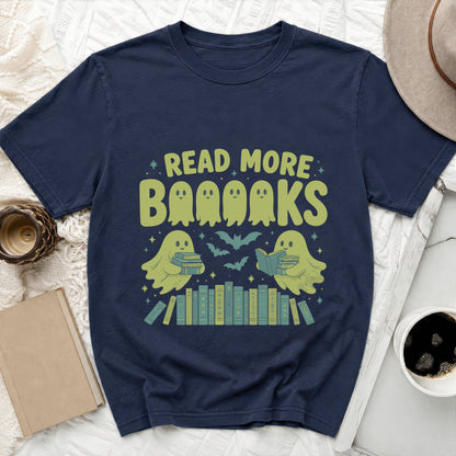 Navy t-shirt with "Read More Booooks" featuring ghosts, bats, and books.