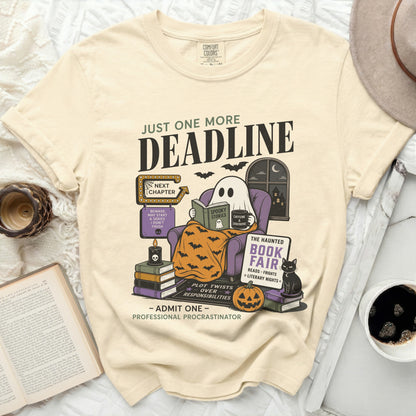Ghost reading "Spooky Stories" with "Just One More Deadline" text.