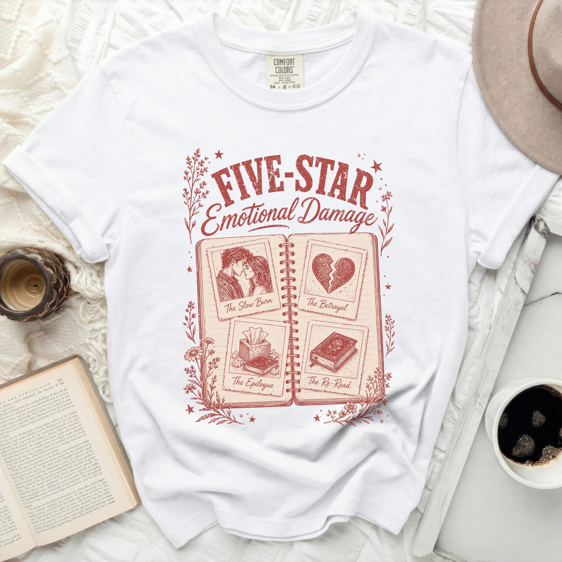 White t-shirt with "Five-Star Emotional Damage" and book chapter titles.