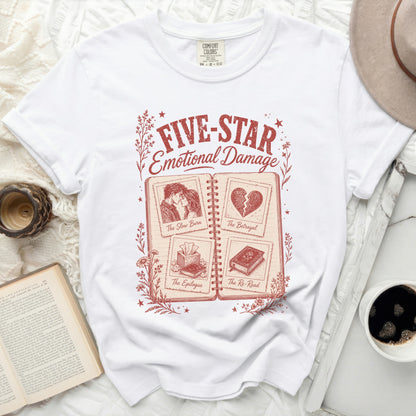 White t-shirt with "Five-Star Emotional Damage" and book chapter titles.