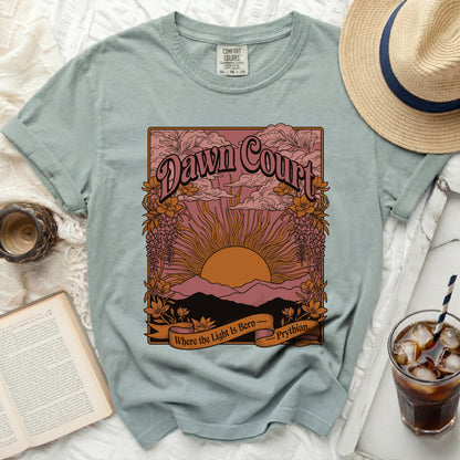 Light pink t-shirt with "Dawn Court" and sun graphic.