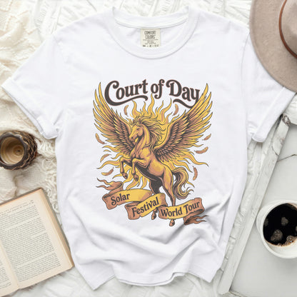 White t-shirt with Pegasus graphic and "Court of Day Solar Festival World Tour" text.