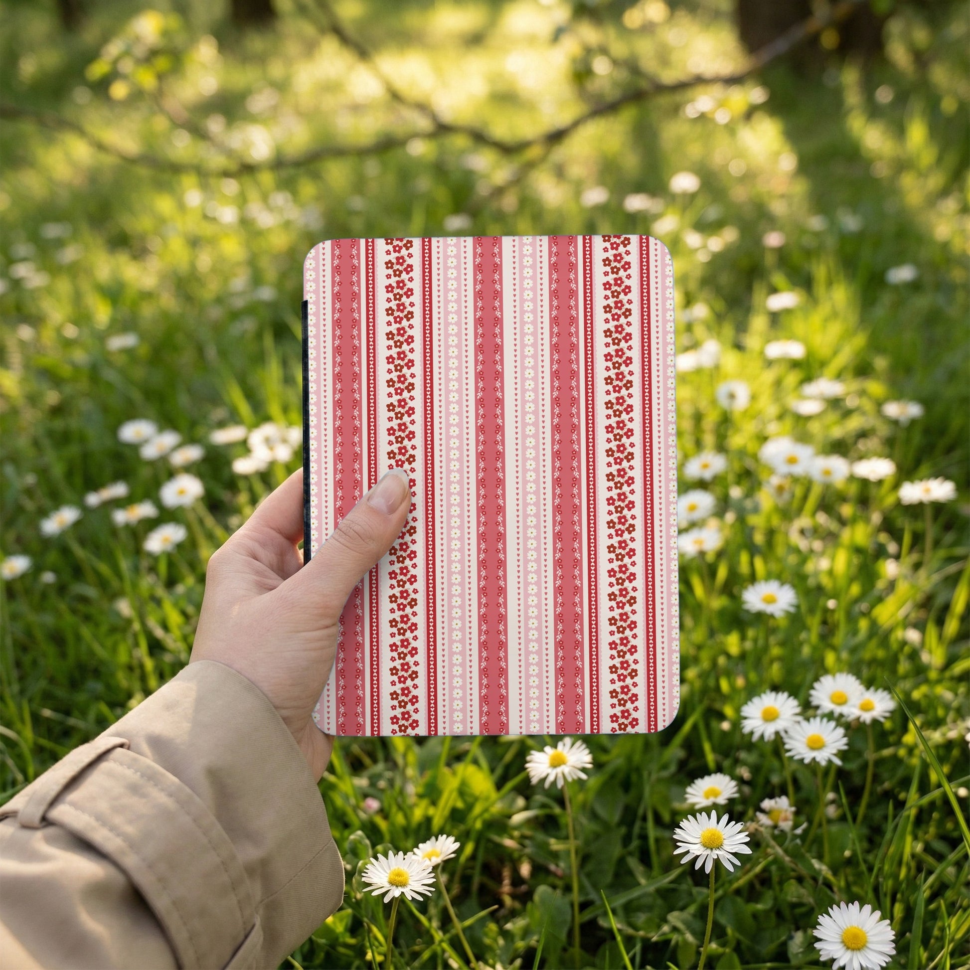 Red and White Floral Striped Design Notebook