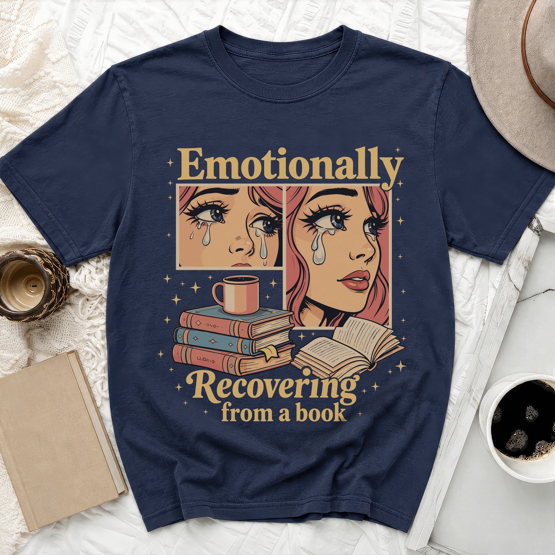 "Emotionally recovering from a book" text with comic-style crying faces and books.