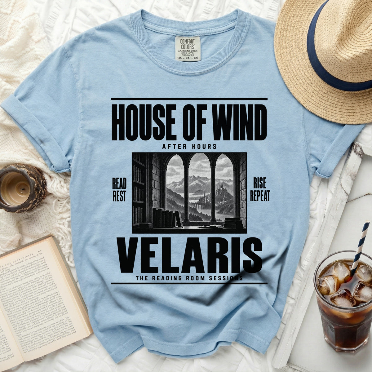 Light blue t-shirt with "House of Wind After Hours Velaris The Reading Room Sessions" text.