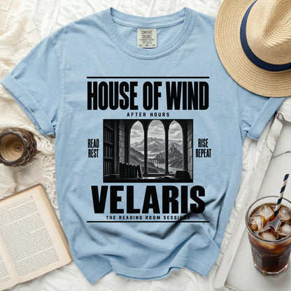 Light blue t-shirt with "House of Wind After Hours Velaris The Reading Room Sessions" text.