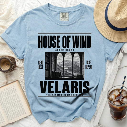 Light blue t-shirt with "House of Wind After Hours Velaris The Reading Room Sessions" text.