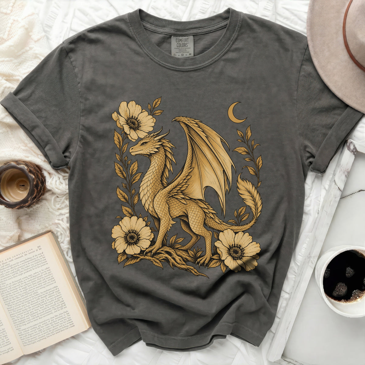 Gray Comfort Colors t-shirt with a golden dragon and floral graphic.