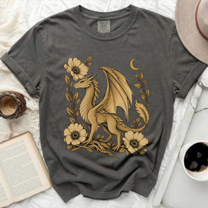 Gray Comfort Colors t-shirt with a golden dragon and floral graphic.